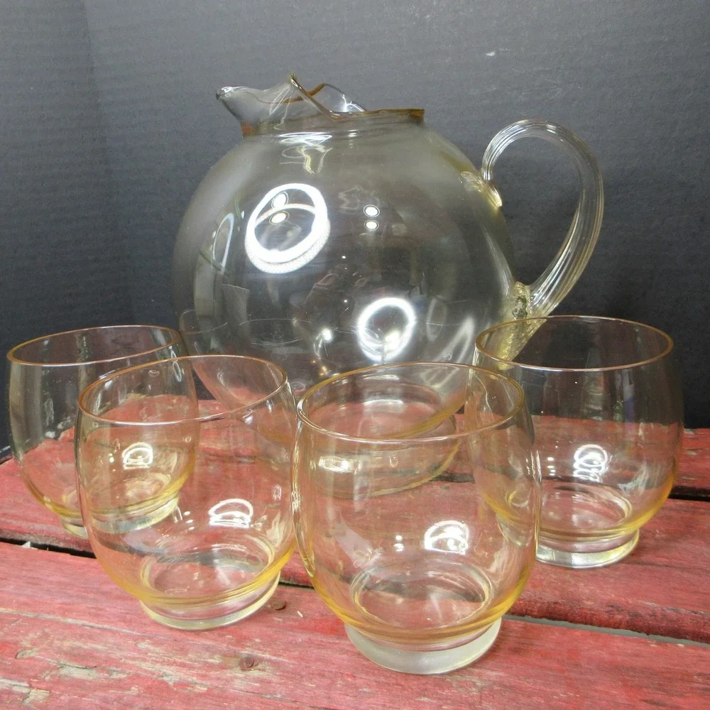 Vintage Amber Yellow Glass Pitcher & 4 Tumblers Set Juice Water Retro